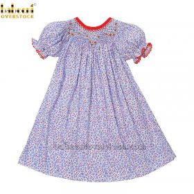 Cute tiny blue and red flower geometric smocked dress