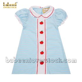 Red apple embroidery blue stripe knit girl DRESS