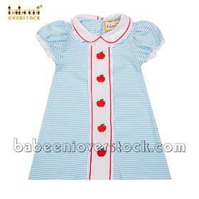 Red apple embroidery blue stripe knit girl dress