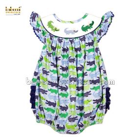 Smocked crocodile girl bubble printed and navy pique