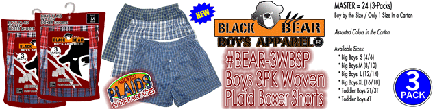 BEAR-3WBSP Boys 3PK Woven Plaid Boxer Shorts