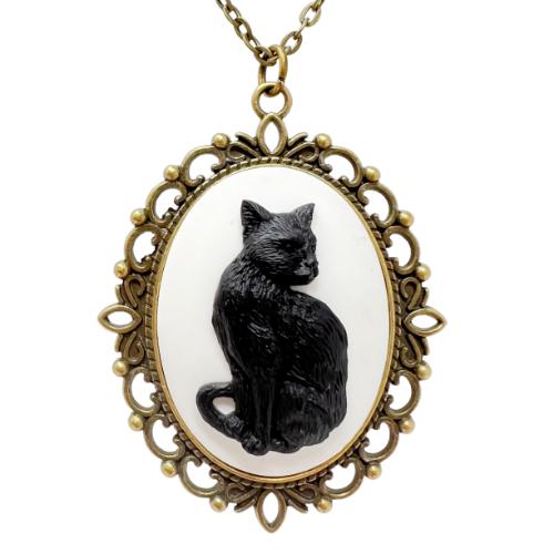 BLACK cat necklace bronze cameo