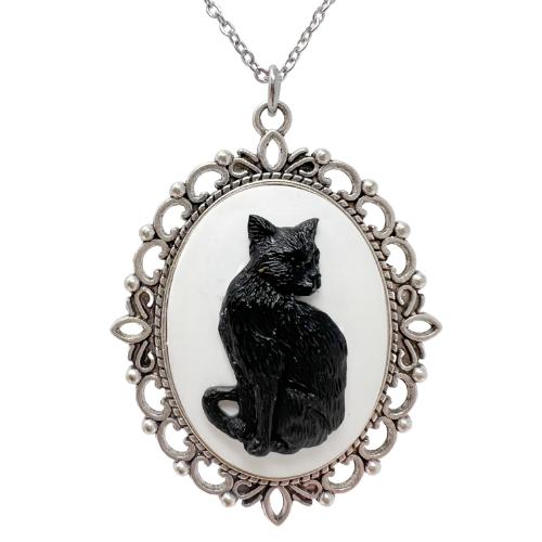 BLACK cat necklace silver cameo