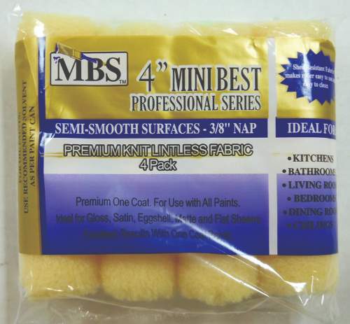 4 Piece 4'' Mini Roller COVERs, 3/8'' Nap, Premium Polyester