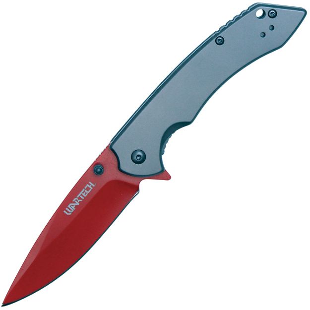 Assisted Open Folding Pocket KNIFE with Grey handle and Red Blade