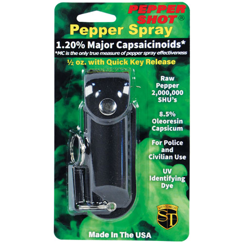 Pepper Shot 1.2% MC 1/2 oz pepper spray leatherette holster and q
