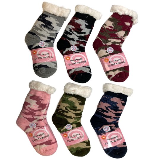 *Plush-Lined Non Slip Sherpa Socks [Camo Sparkle] 9-11