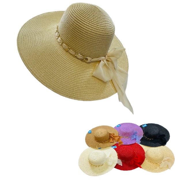 LADIES LargeBrim Fashion Hat [Gold ChainLink Band/Chiffon Bow]