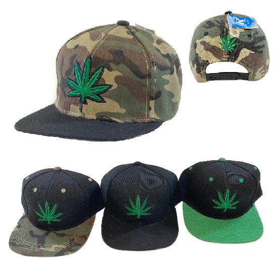 *Snap Back Flat Bill Hat [Embroidered Leaf] Black/Camo/Green