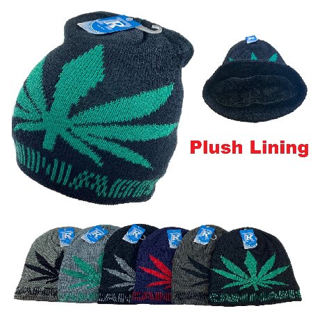 Plush-Lined Knit BEANIE [Marijuana-Large Leaf]CANNABIS