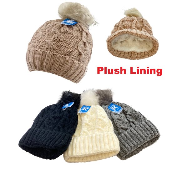 Plush-Lined Ladies Knitted HAT with Fur PomPom [Cable Knit]