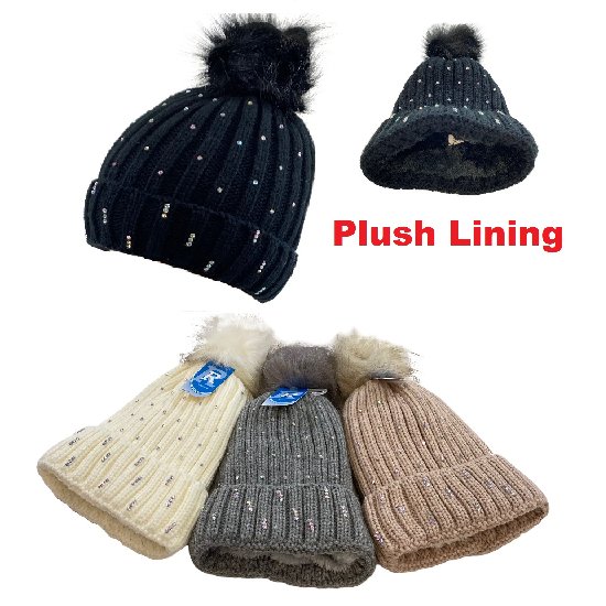 Plush-Lined Ladies Knitted HAT with Fur PomPom [Rhinestones]