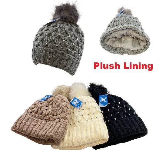 Plush-Lined Ladies Knit HAT w PomPom[Lattice Weave & Rhinestones]