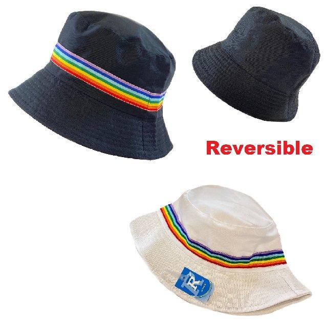 Bucket HAT [Black or White with Rainbow Band] 100% Cotton