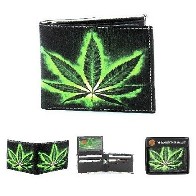 Vegan LEATHER WALLET [Bifold] Neon Marijuana Leaf