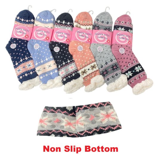 ***Plush-Lined Non Slip Sherpa Socks [Snowflakes] 9-11