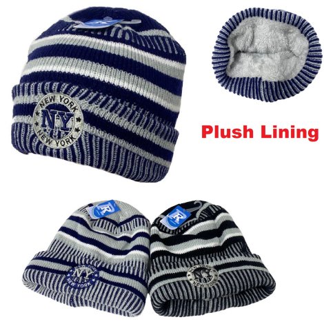 .Knitted Plush-Lined Varsity Cuffed Hat [Seal] NEW YORK