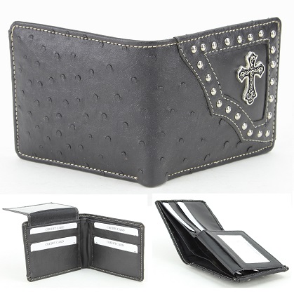 Vegan Leather WALLET [Bifold] Western Cross Concho [BLK]