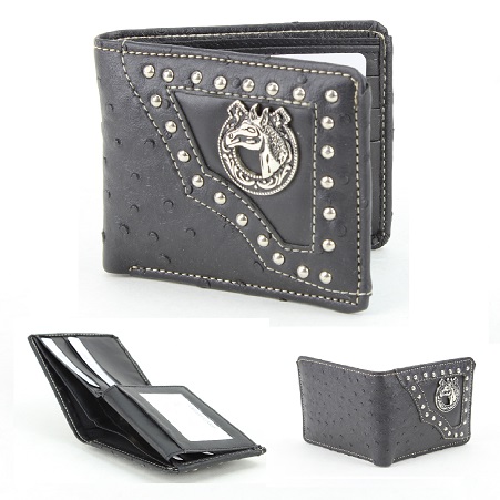 Vegan Leather WALLET [Bifold] Western Horse Concho [BLK]