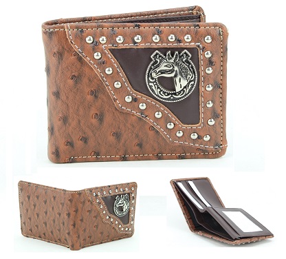 Vegan LEATHER Wallet [Bifold] Western Horse Concho [BRWN]