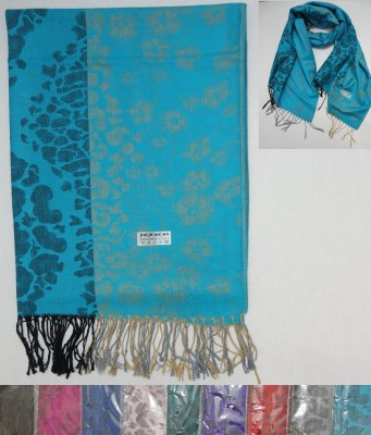 Fashion PASHMINA with Fringe--Lg Leopard Print & Flowers