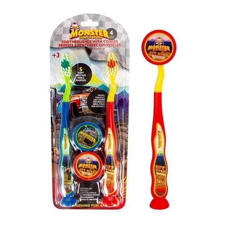 4pk Child's Toothbrush & COVER Set [Monster Truck]