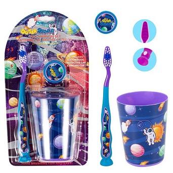 3pk Child's Toothbrush & COVER Set with Cup [Outer Space]