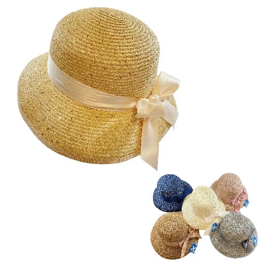 Ladies Woven Summer Hat [SHORT Brim/Sequins/Satin Bow]