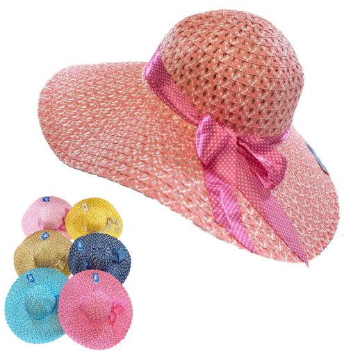 Ladies Woven Summer HAT [Two-Tone HAT/Polka Dot Bow]