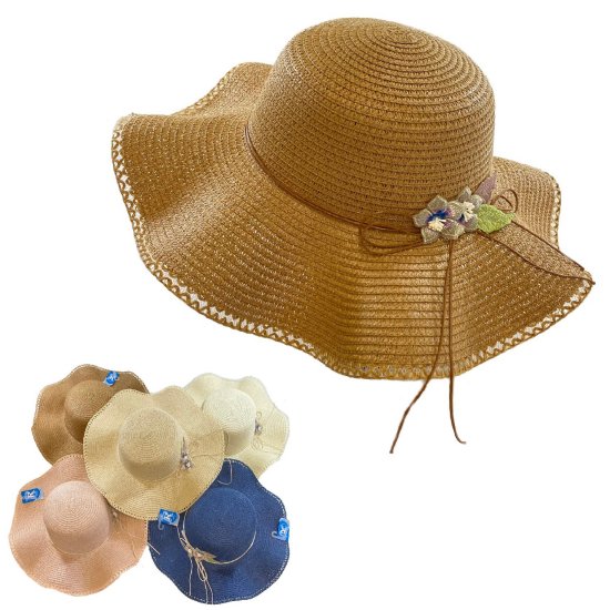 LADIES Woven Summer Hat [Wavy Brim/Flower Decoration]