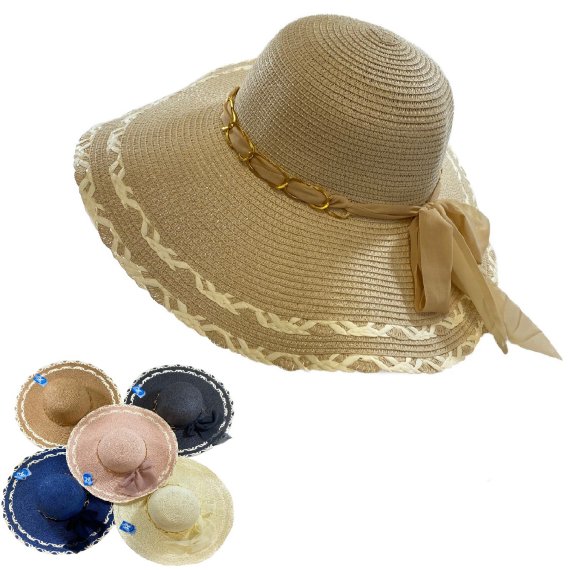 Ladies Woven Summer Hat [GOLD Chain Link Band/Chiffon Bow]