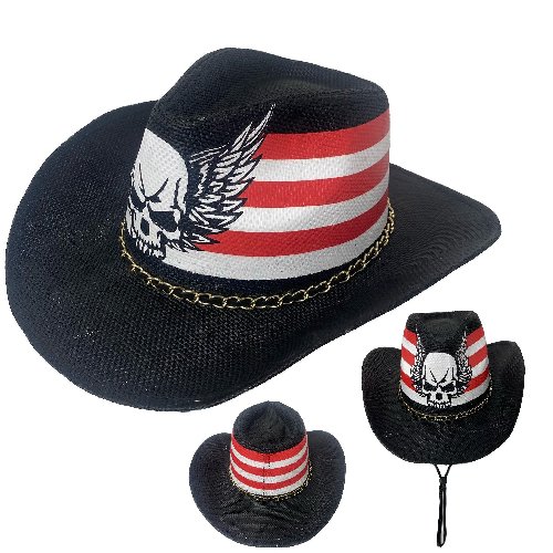 Painted Cowboy Hat [SKULL w Red/White Stripes] Chain Hat Band