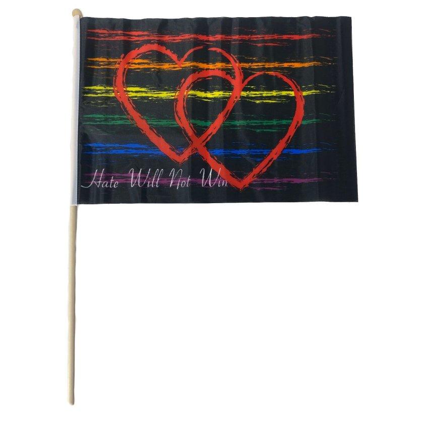 12''x18'' Stick FLAG [HATE WILL NOT WIN] Rainbow Pride/Double Heart