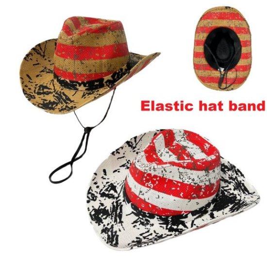 RED Striped Cowboy HAT [Paint Splatter] White & Tan