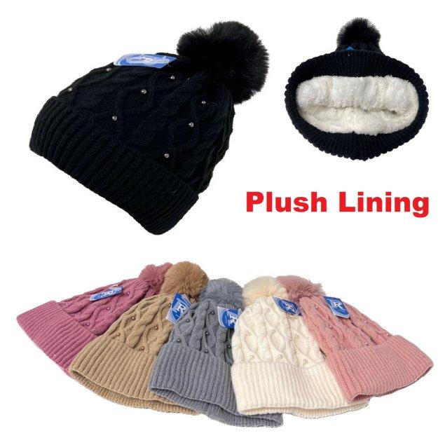 LADIES Plush-Lined Knit Hat with PomPom [Solid] *Pearls