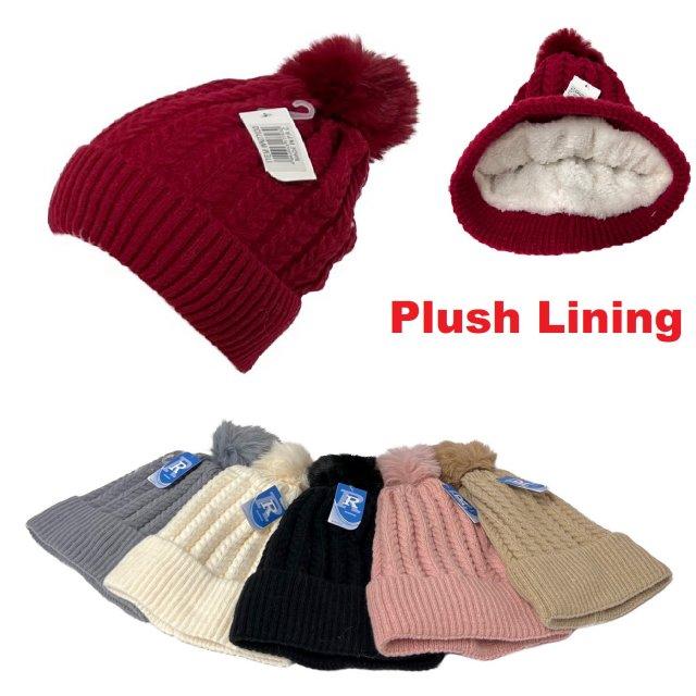 Ladies Plush-Lined Braided Knit HAT with PomPom [Solid]