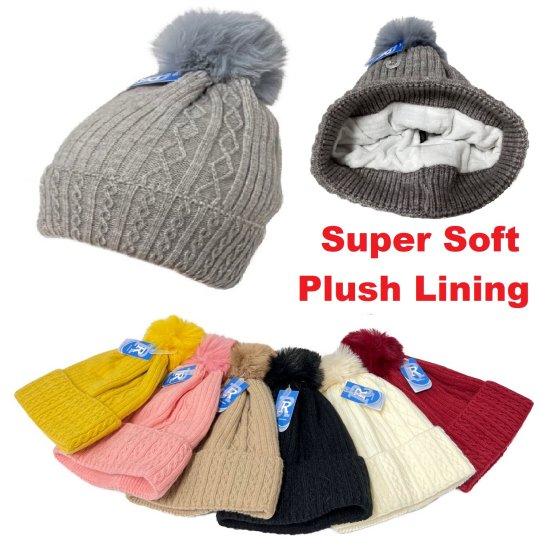 LADIES Super Soft Plush-Lined Knit Hat with PomPom [Solid]