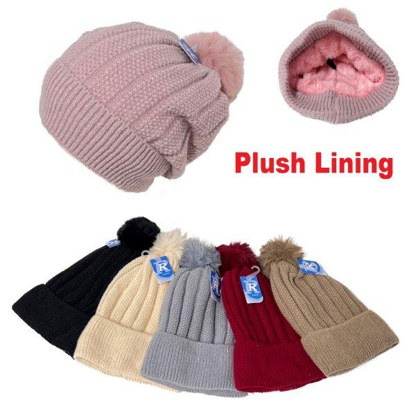 LADIES Plush-Lined Knit Slouch Hat with PomPom