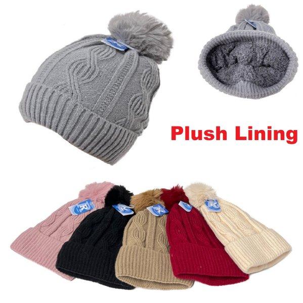 LADIES Plush-Lined Cable Knit Hat with PomPom [Solid]