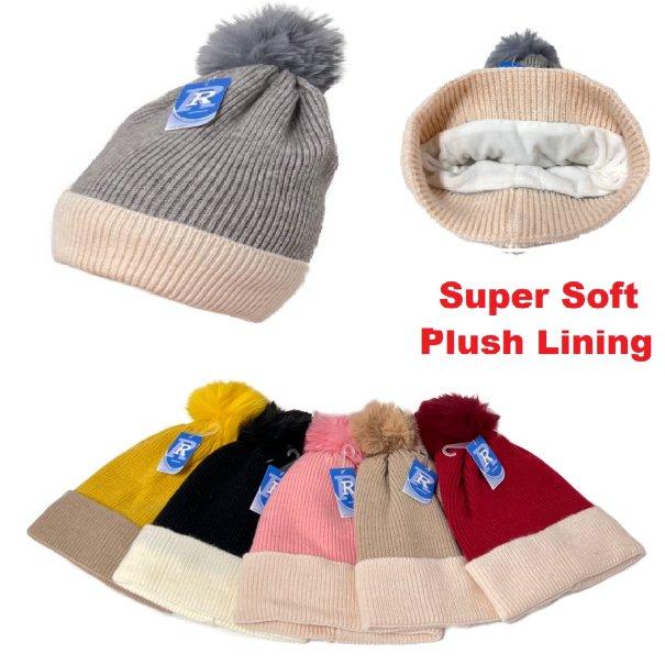 LADIES Super Soft Plush-Lined Knit Hat w PomPom [Two Tone]