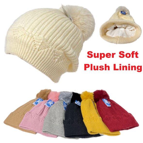 LADIES Super Soft Plush-Lined Scallop Knit Hat w PomPom [Solid]