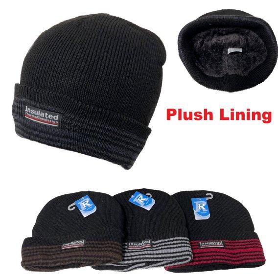 Plush-Lined Knit Toboggan [Solid TOP/Striped Fold]