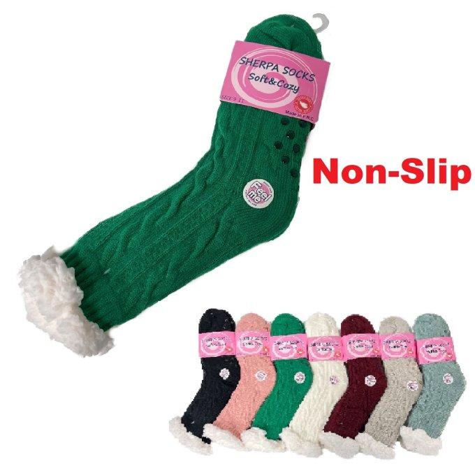 **Plush-Lined Non Slip Sherpa SOCKS [Solid Color Cable Knit] 9-11