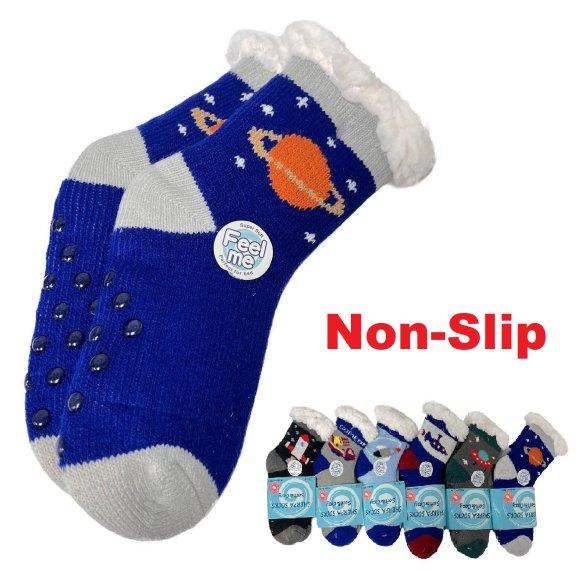 **Child's Plush-Lined Non Slip Sherpa Socks [Space] 6-8