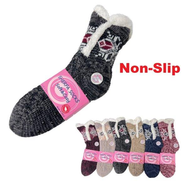 **Plush-Lined Non Slip Sherpa Socks [Variegated Snowflake] 9-11
