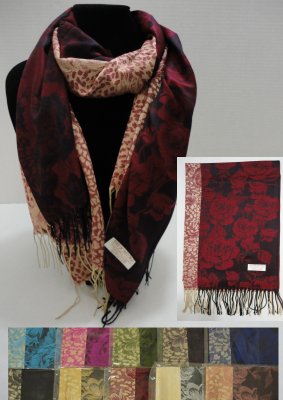 Pashmina with Fringe-Large Roses & Cheetah Print