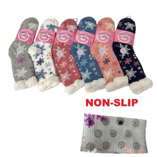 ***Plush-Lined Non Slip Sherpa Socks [Snowflakes/Hearts]  9-11