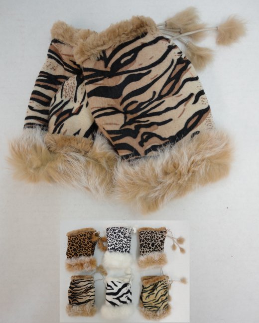 LADIES Suede with Fur Fingerless Gloves [Animal Print]