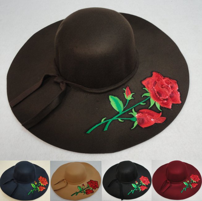 Ladies Felt Winter HAT w Ribbon [XL Brim] Rose Applique