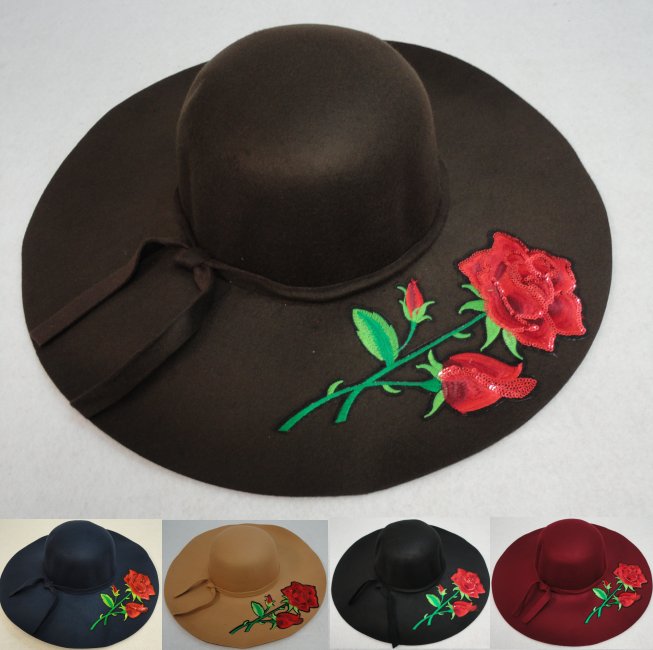 LADIES Felt Winter Hat w Ribbon [XL Brim] Rose Applique